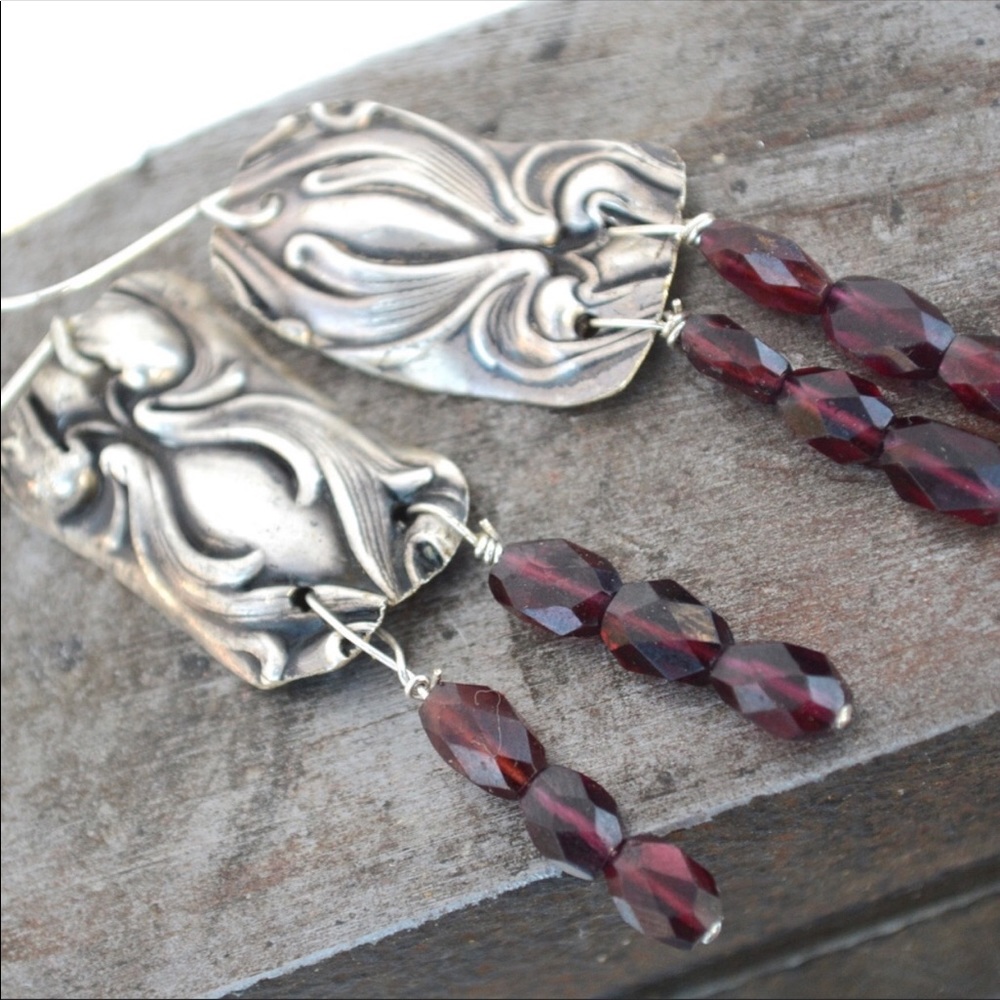 Sterling Silver Garnet Art Noureau Boho Earring 💋 - Picture 4 of 10